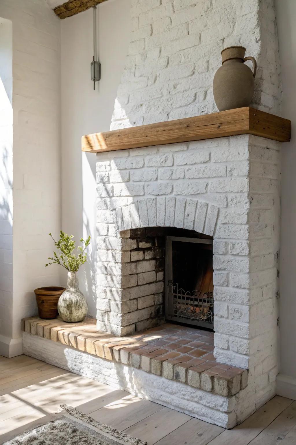 Whitewashed brick makes a small fireplace feel airy, bright, and beautifully understated.