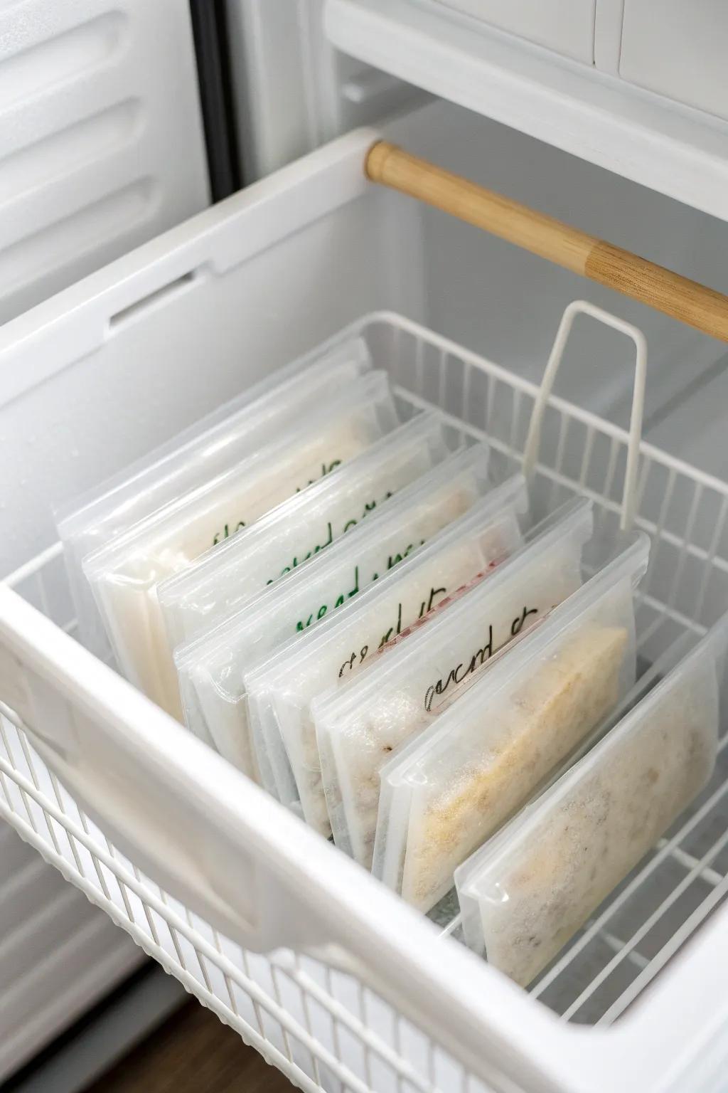Freeze flat, then file bags upright—no more freezer avalanches and everything stays grab-and-go.