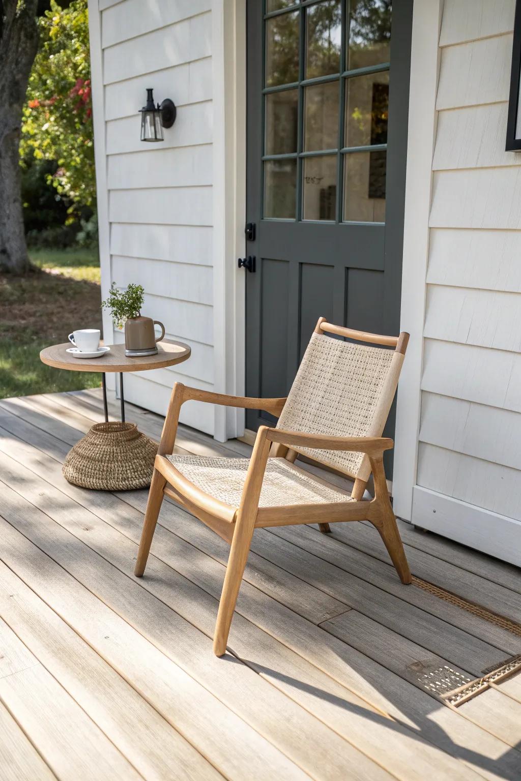 Slim chair + tiny table: cozy sit-and-sip style that leaves room on a small front deck.