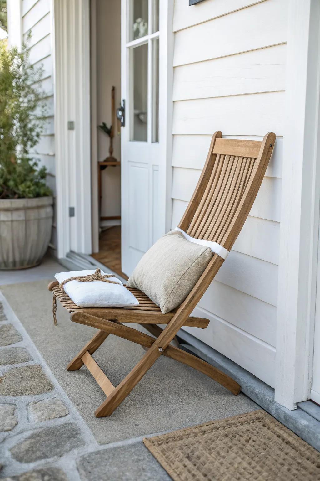 A chic folding porch chair that stores flat—styled with a cozy cushion, never temporary.