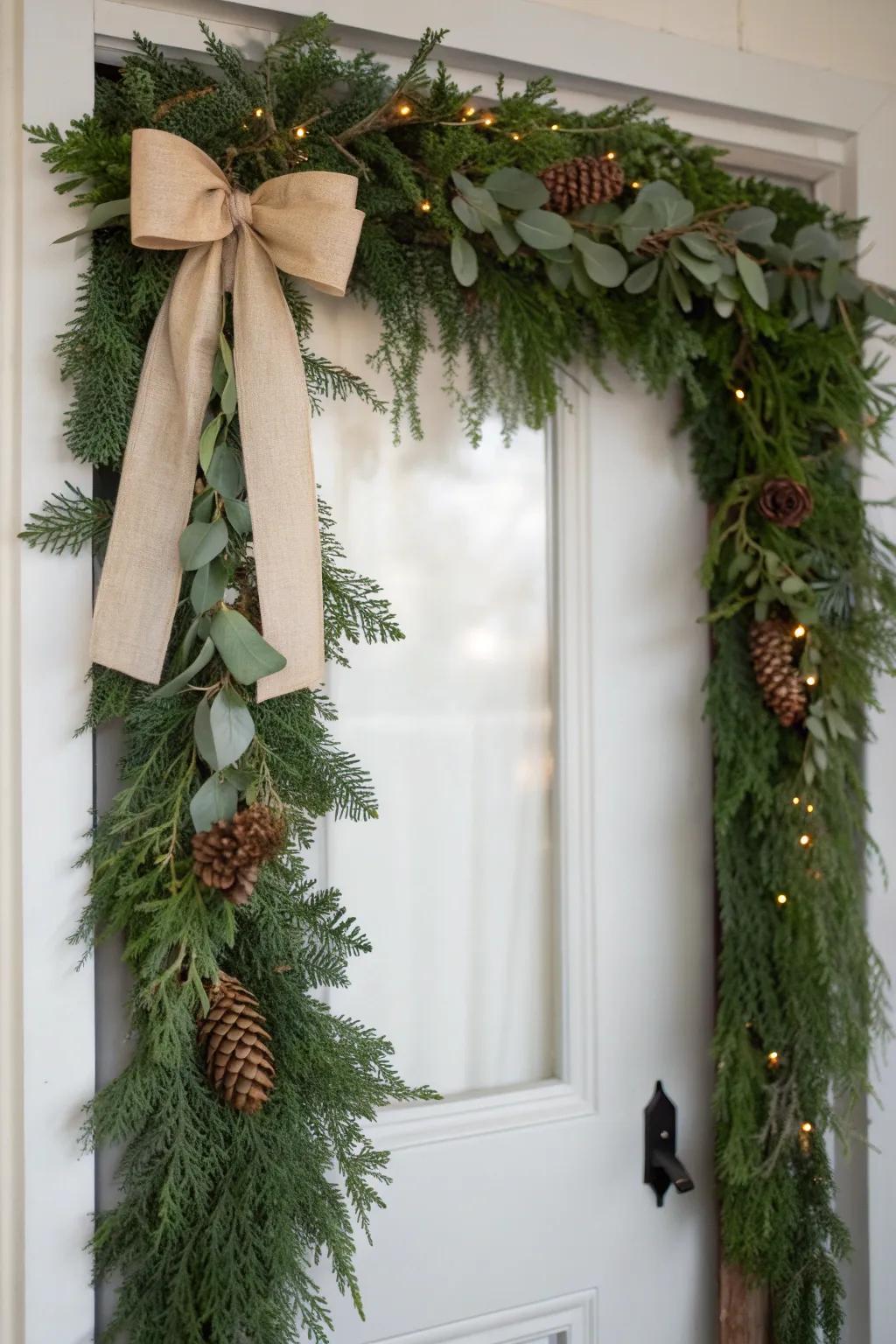 Wrap garland around the doorframe to add instant height—renter-friendly with removable hooks.