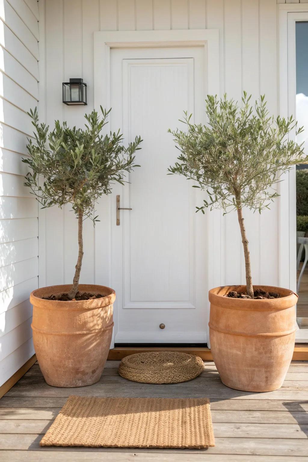 Two matching thrifted planters instantly make a tiny porch feel balanced and expensive.