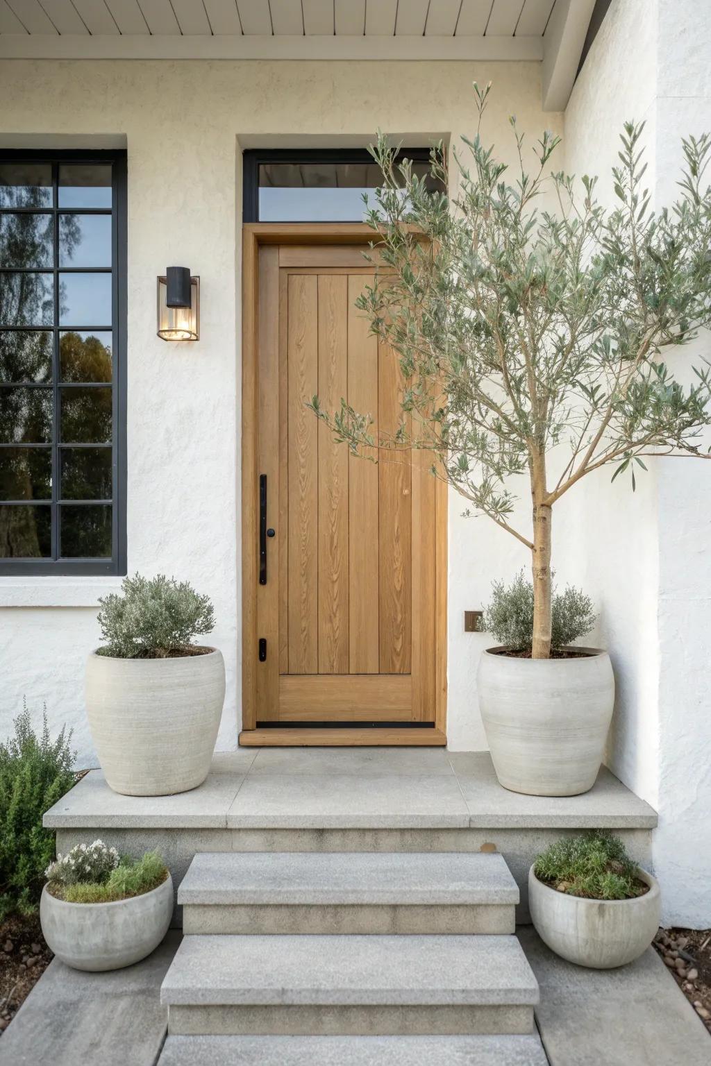 Instant curb appeal: two matching planters bring calm, polished symmetry to the smallest steps.