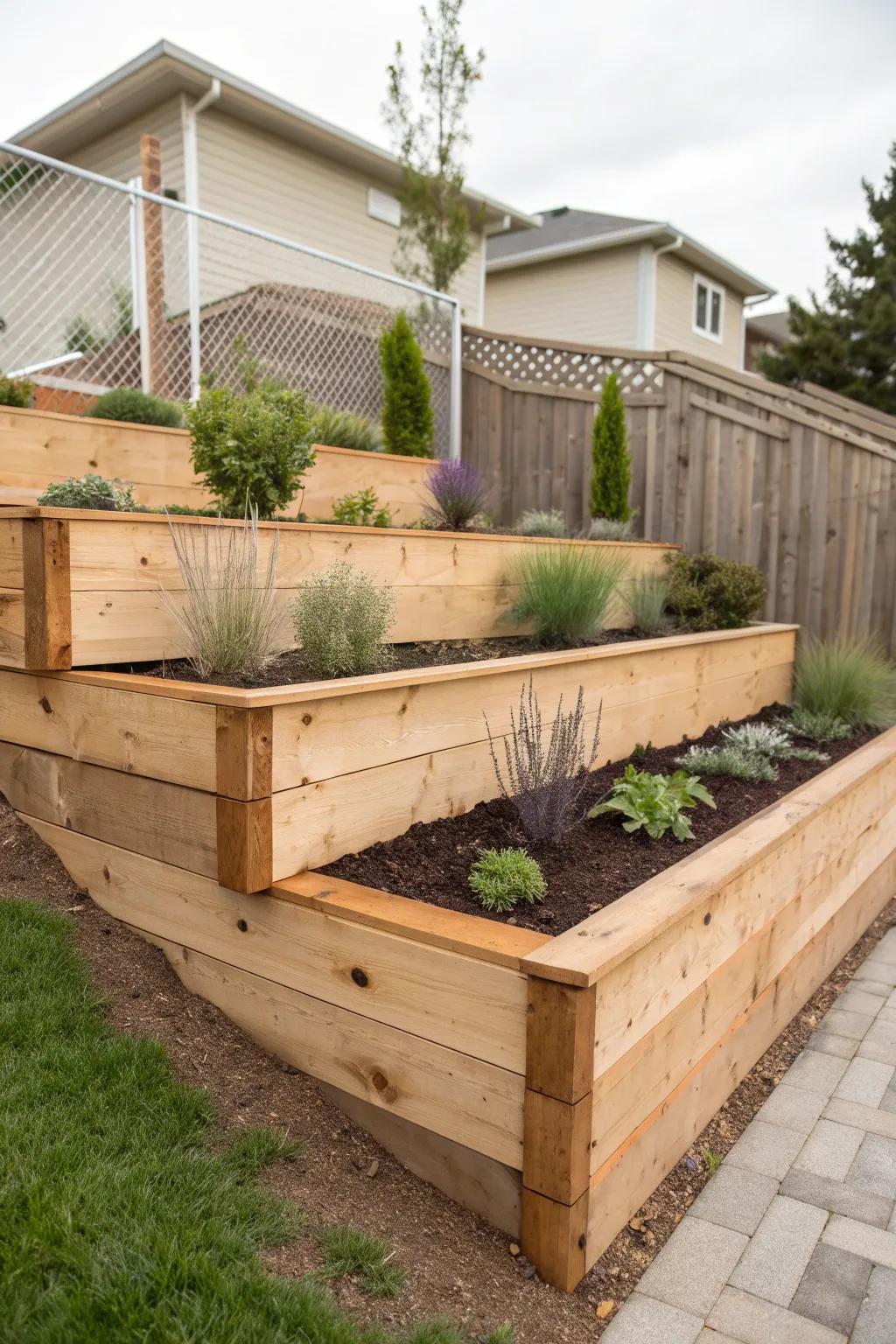 Tiered raised bed for a narrow townhouse front—clean edges, lush layers, zero clutter.