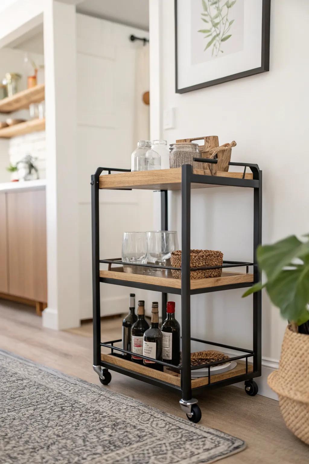A slim rolling bar cart with a styled tray—serve on game night, then park it away.