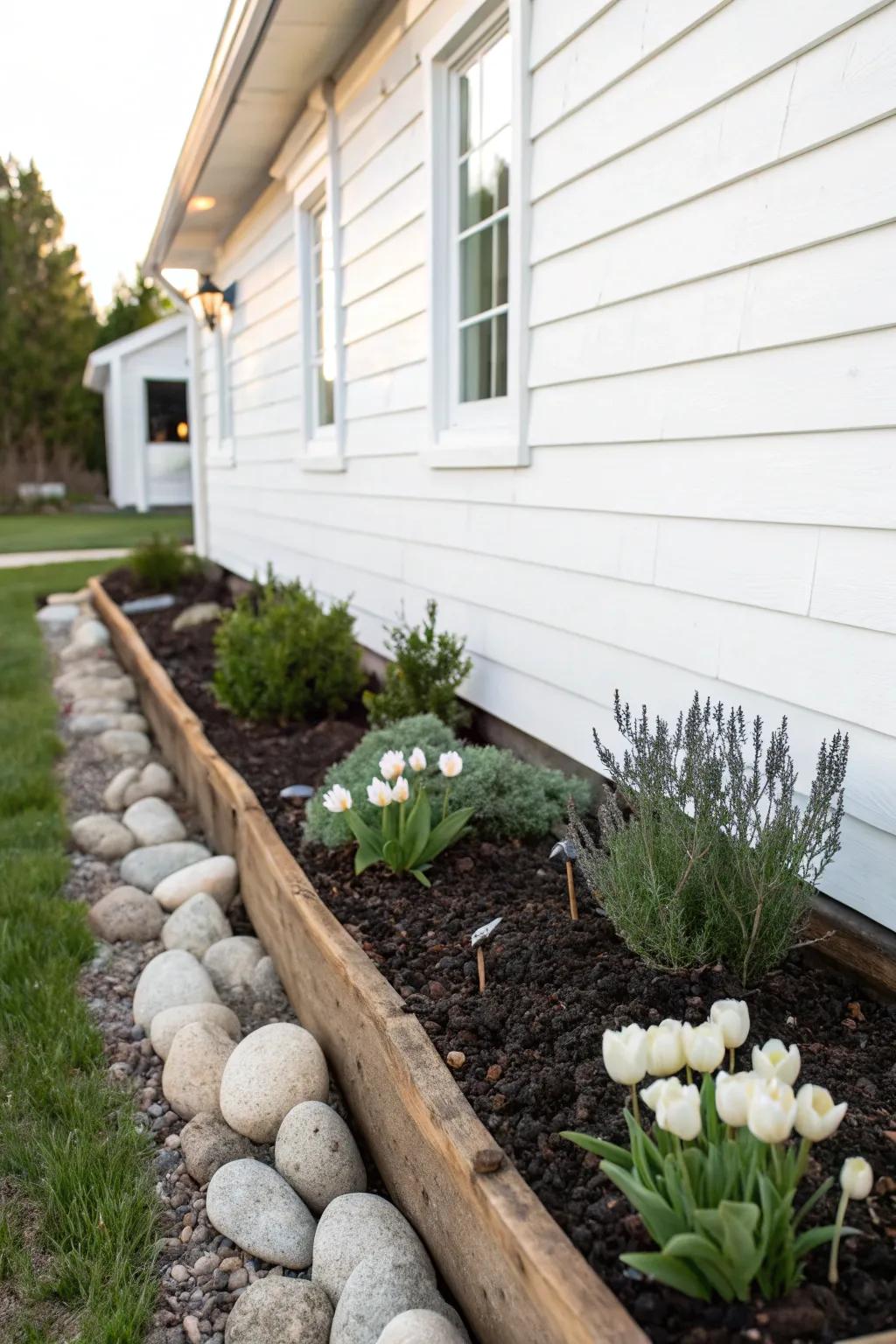 Slim foundation bed with crisp cedar edging softens siding and makes windows feel dressed.