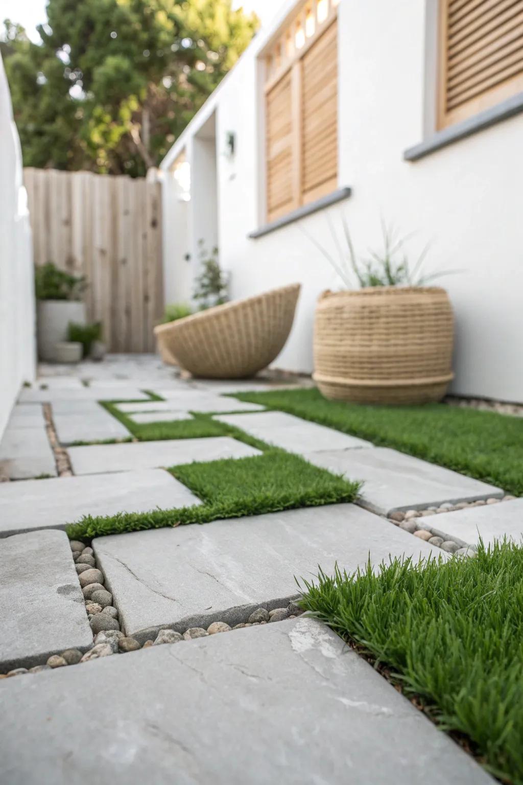 High-end small garden look: concrete pavers with crisp turf seams for a wider feel.