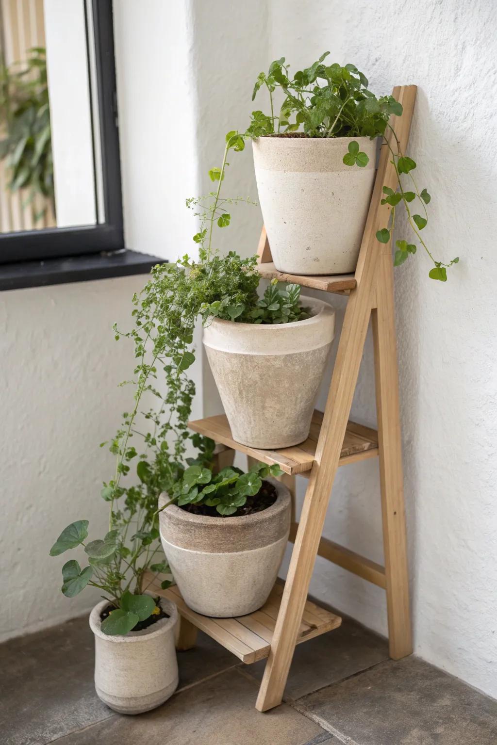 Three matching planters, one calm palette—layered heights make even a tiny garden feel designed.