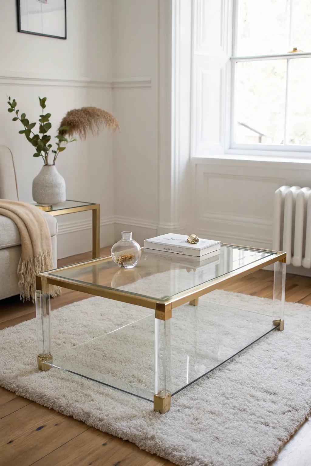 A clear glass coffee table adds instant glam while keeping a tiny living room feeling open.