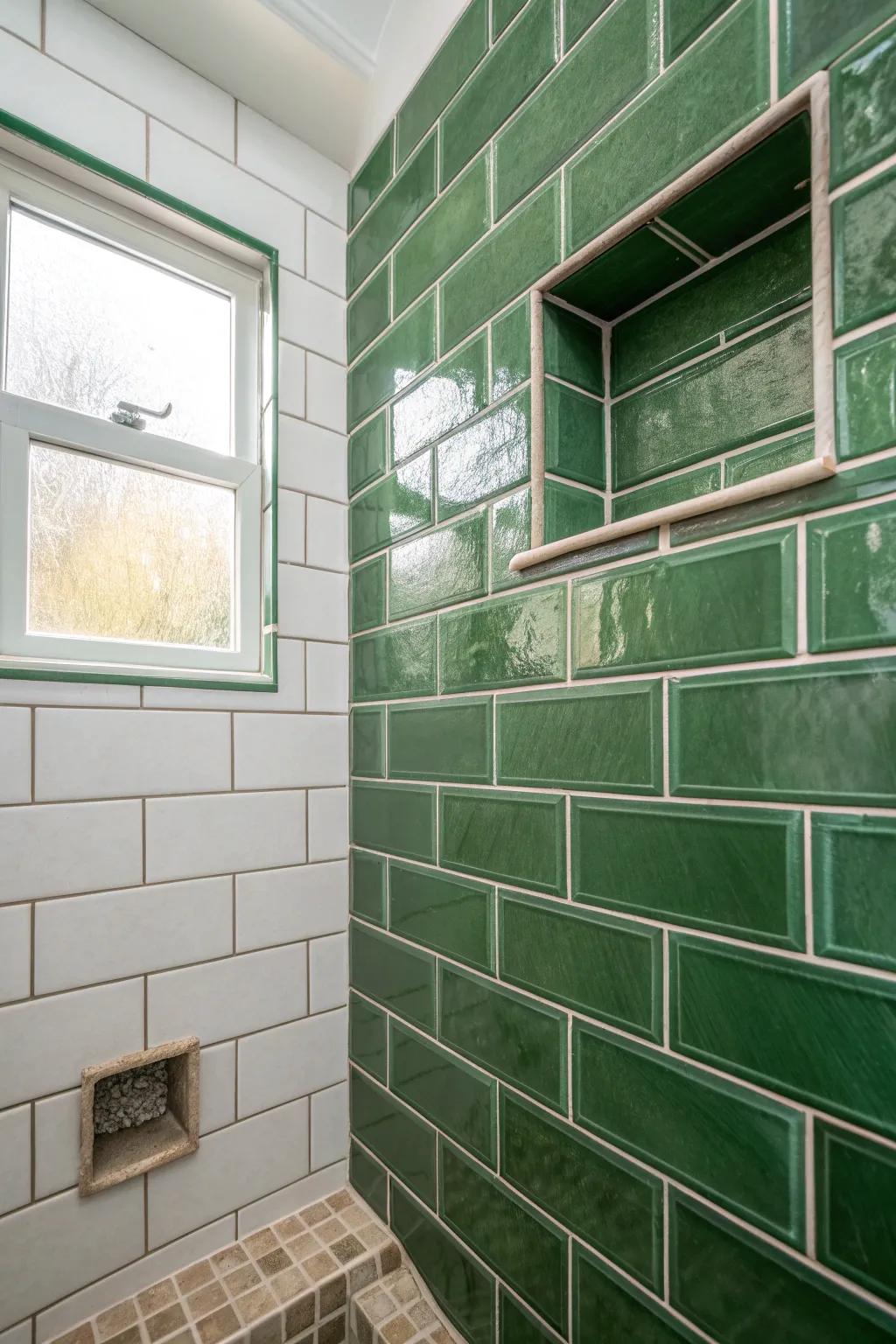Glossy green subway tile turns a tiny shower into a fresh, minimalist focal point.