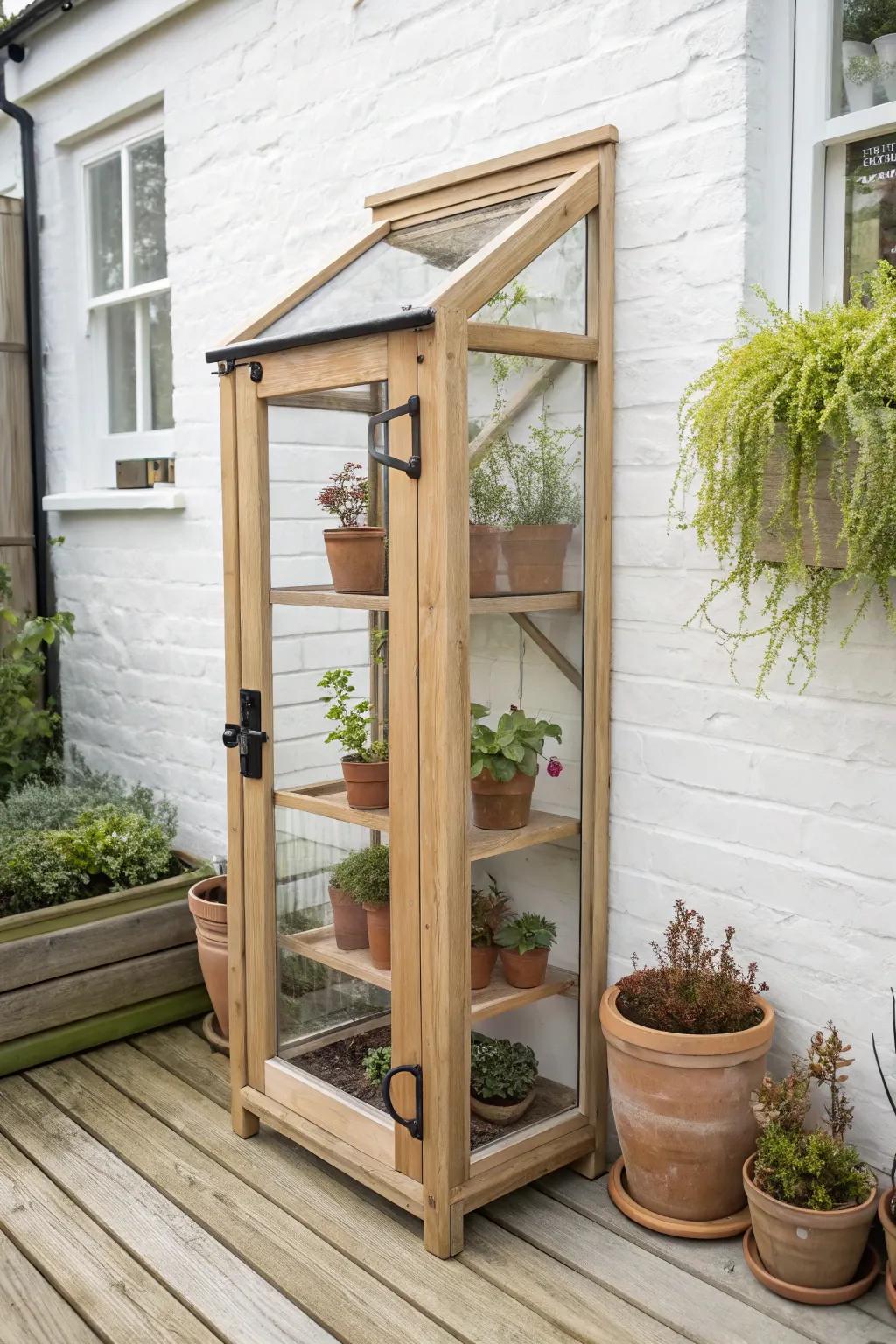 Turn a tiny patio corner into a lush plant nook with a slim mini greenhouse + shelves.