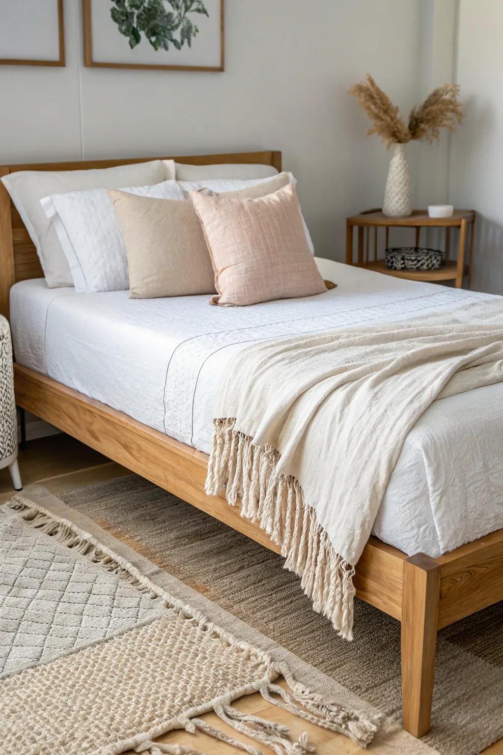 Instant hotel vibes on a budget: crisp layers, thrifted pillows, and a cozy throw.