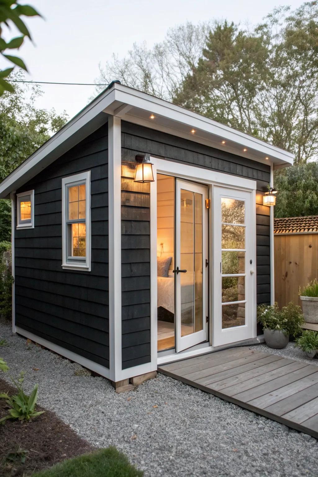 A simple shed, insulated and lit with a real ceiling fixture—instant cozy guest suite.