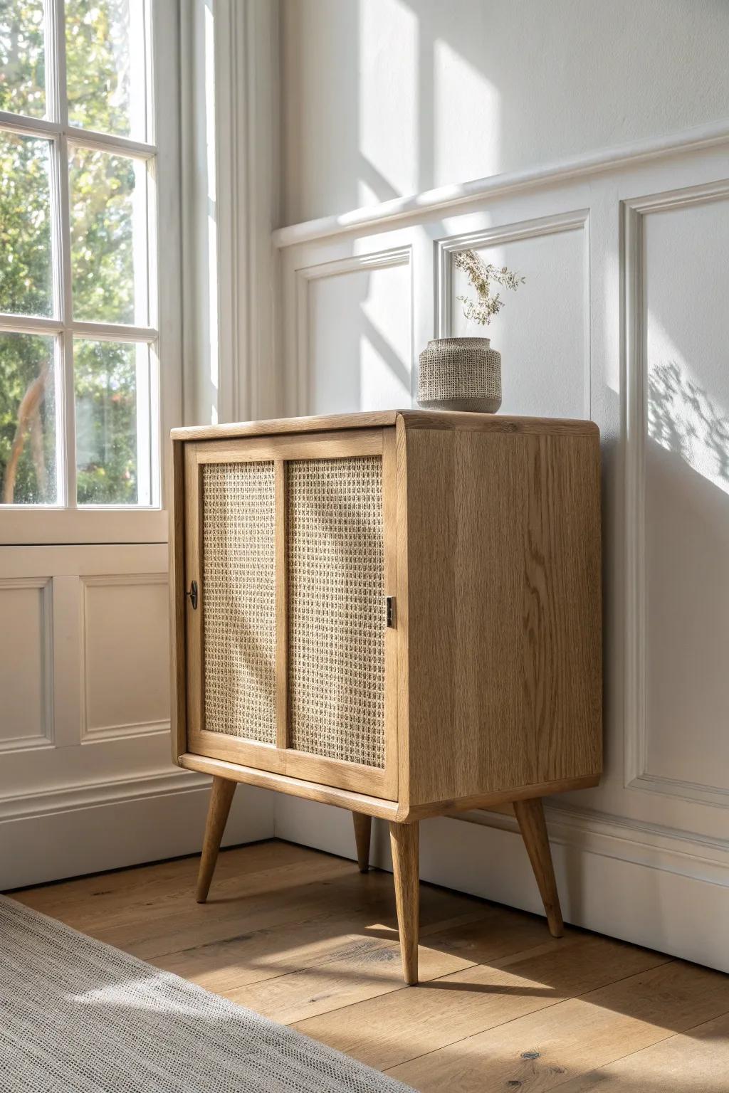 Lifted-off-the-floor storage with slim legs makes even the tiniest room feel instantly lighter.