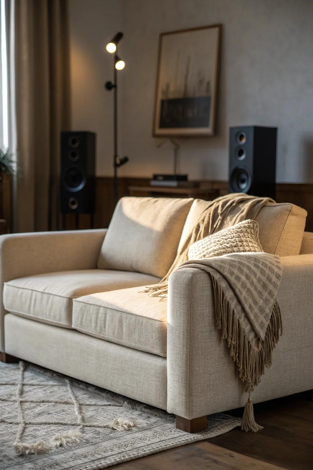 One deep, chunky loveseat makes a tiny home theater feel cozy, uncluttered, and luxe.