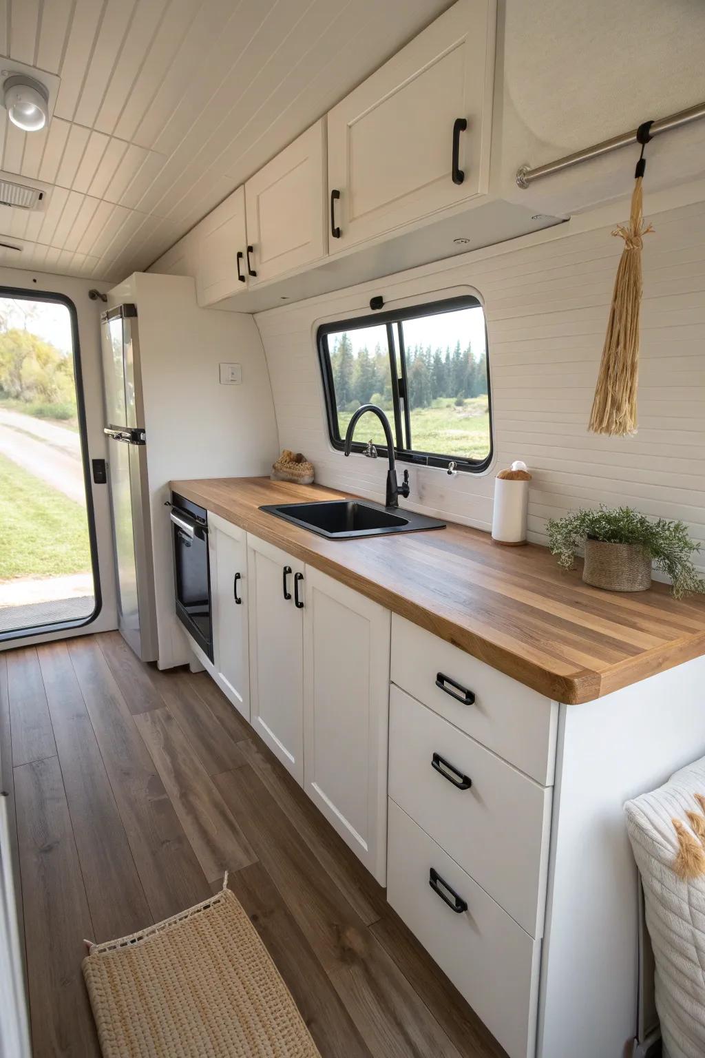 One-wall galley kitchenette for a tiny horse trailer—sleek, bright, and walkway-friendly.