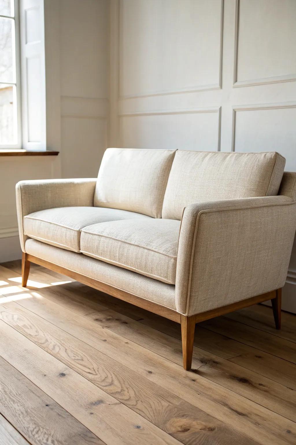 A light‑neutral loveseat makes a small living room feel open; woven texture adds calm warmth.