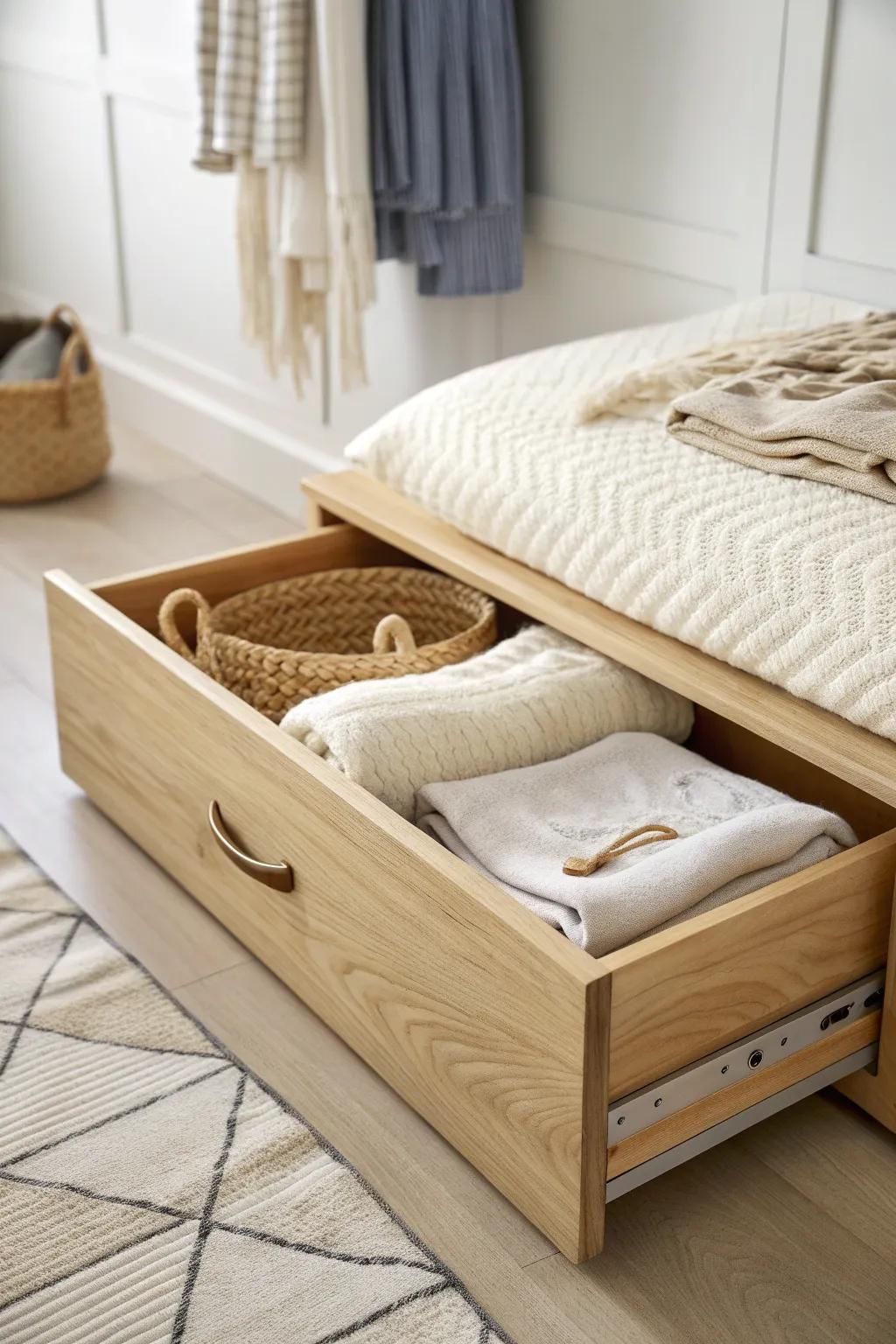 Under-bed drawers hide bulky puzzles and off-season clothes—calm, clutter-free small kids’ rooms.