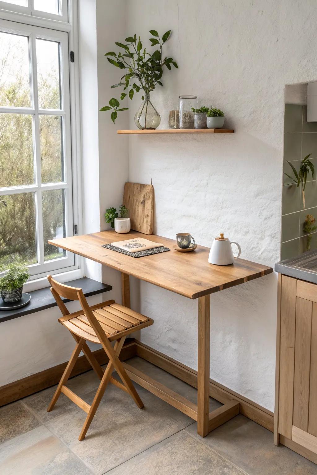 Fold-down wall table: a tiny-kitchen dining spot that folds away fast to free up floor space.