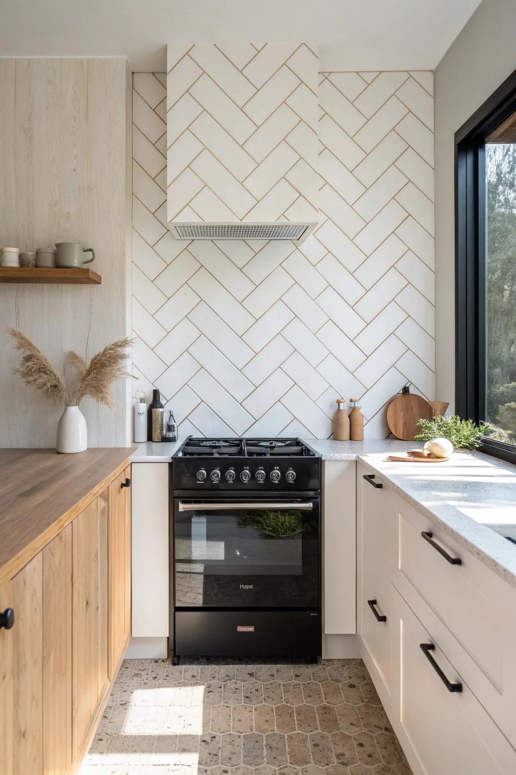 Herringbone just behind the stove creates a clear focal point without crowding a small kitchen.