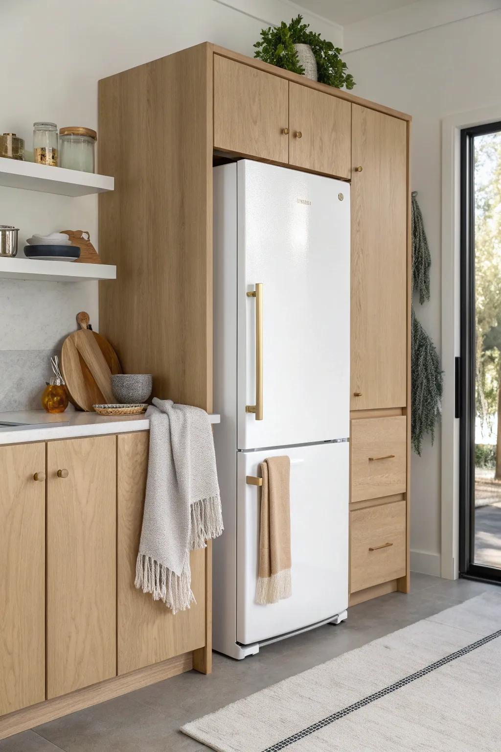 Make a small fridge feel custom with flush panels and side fillers for a calm, built-in look.