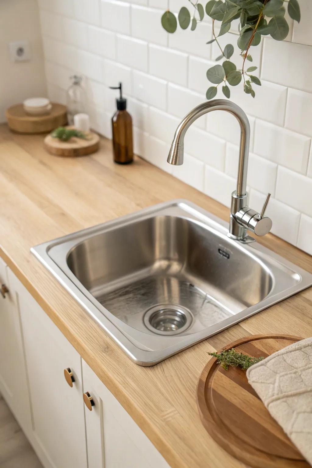A slim-rim top-mount sink makes a small kitchen feel modern—no full remodel needed.