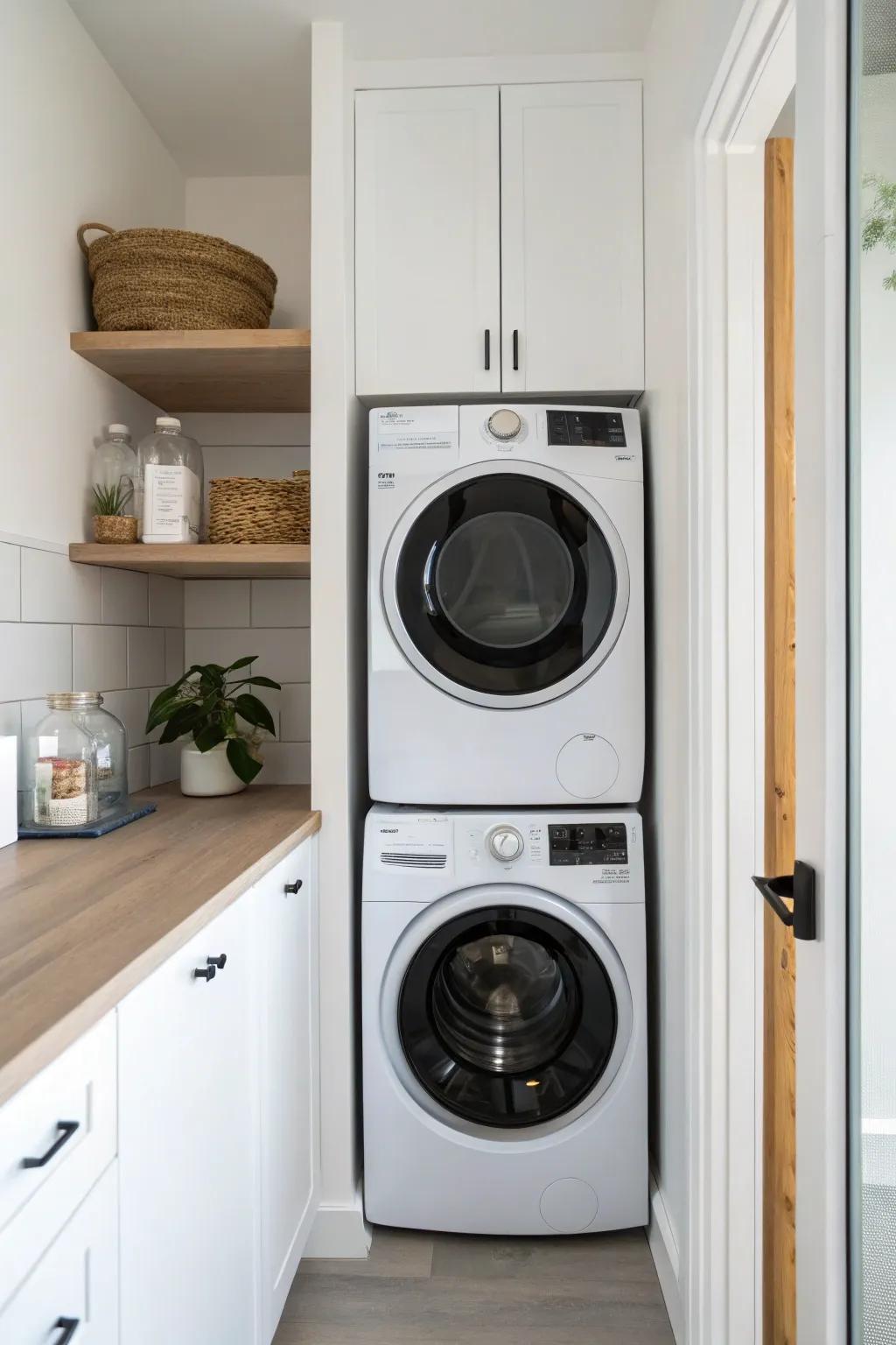 Stacked washer-dryer, wall reclaimed—perfect spot for slim pantry shelves and everyday snacks.