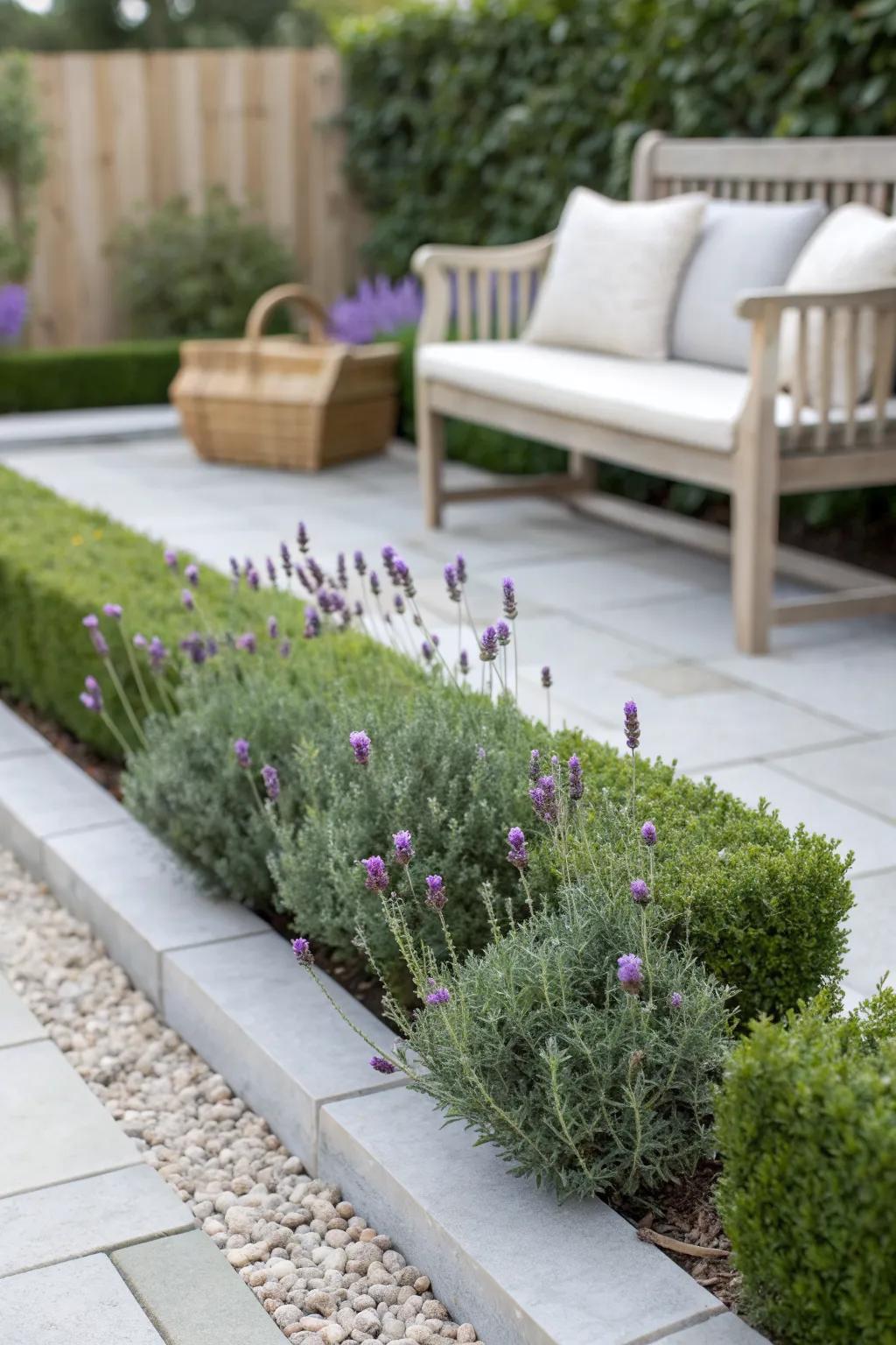 A tiny lavender hedge adds structure and a soft, fragrant boundary to a small space.