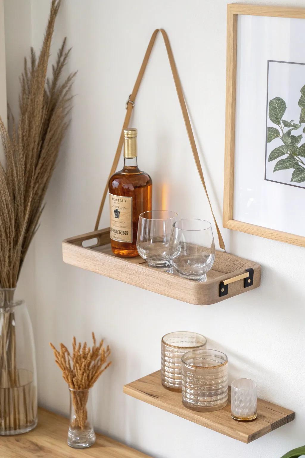 A sleek floating shelf bar station—oak, glass and warm neutrals for small living rooms.