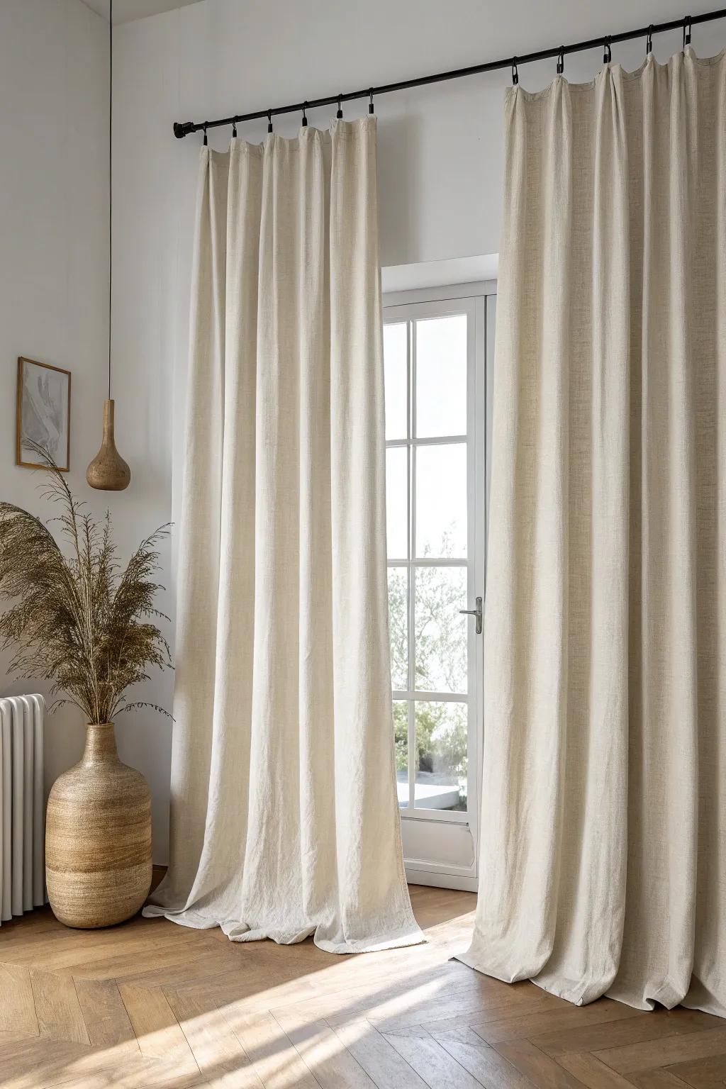 Floor-to-ceiling linen curtains instantly add height and a polished look—perfect for small spaces.