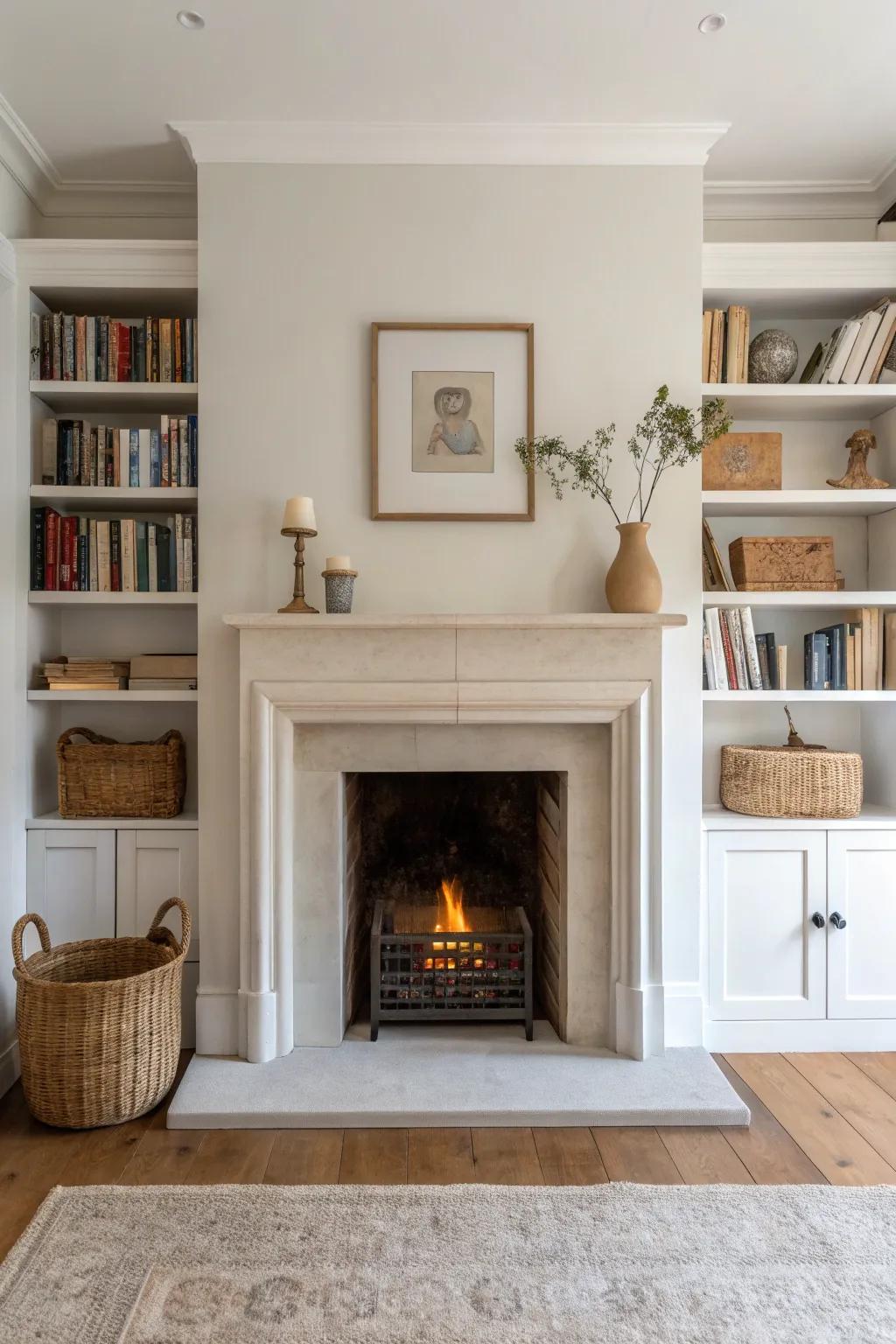 Symmetrical floating shelves frame a small fireplace for a custom look—no extra floor space.