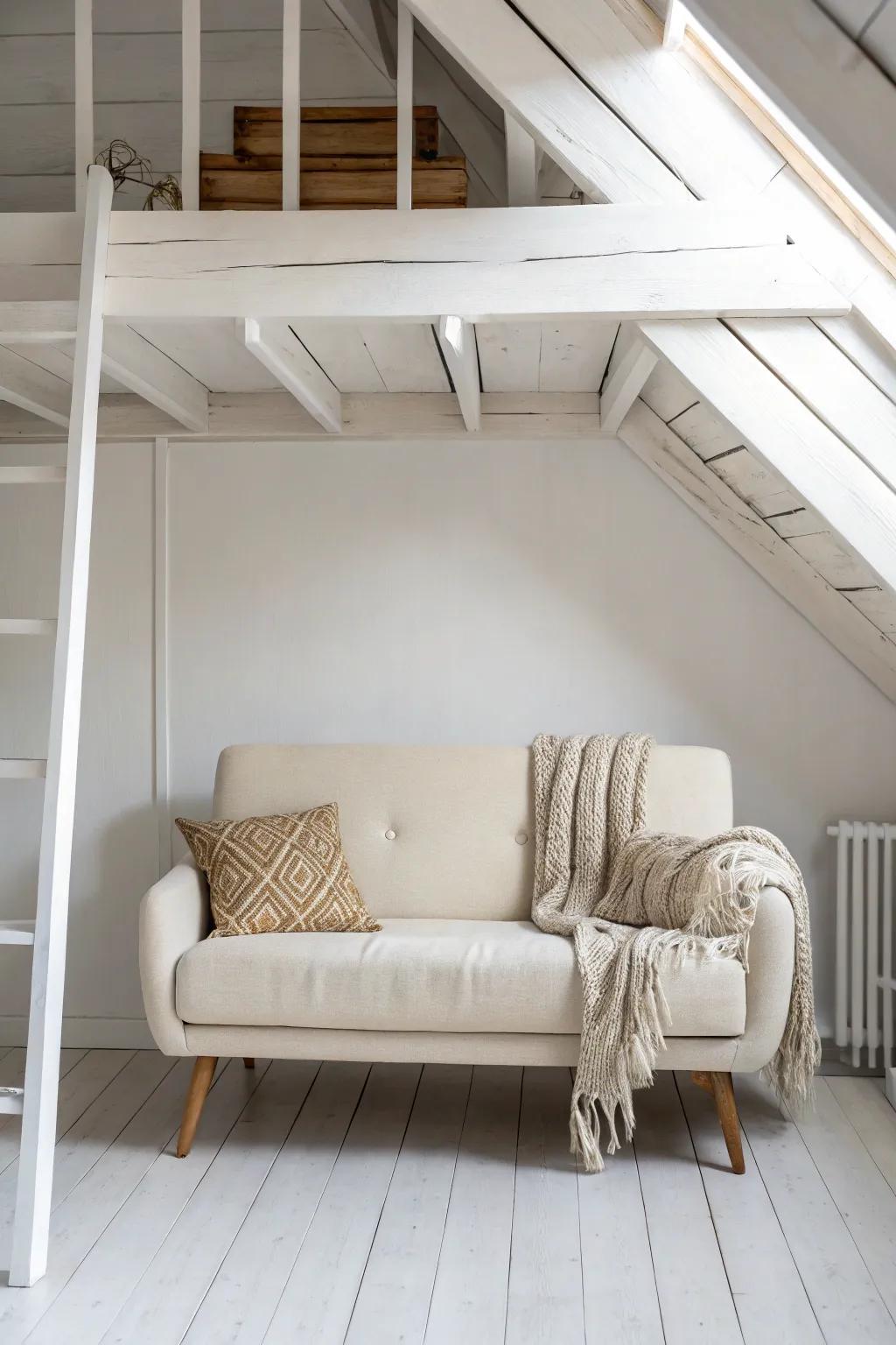 A compact loveseat under the loft turns the “downstairs” into an intentional, cozy lounge.