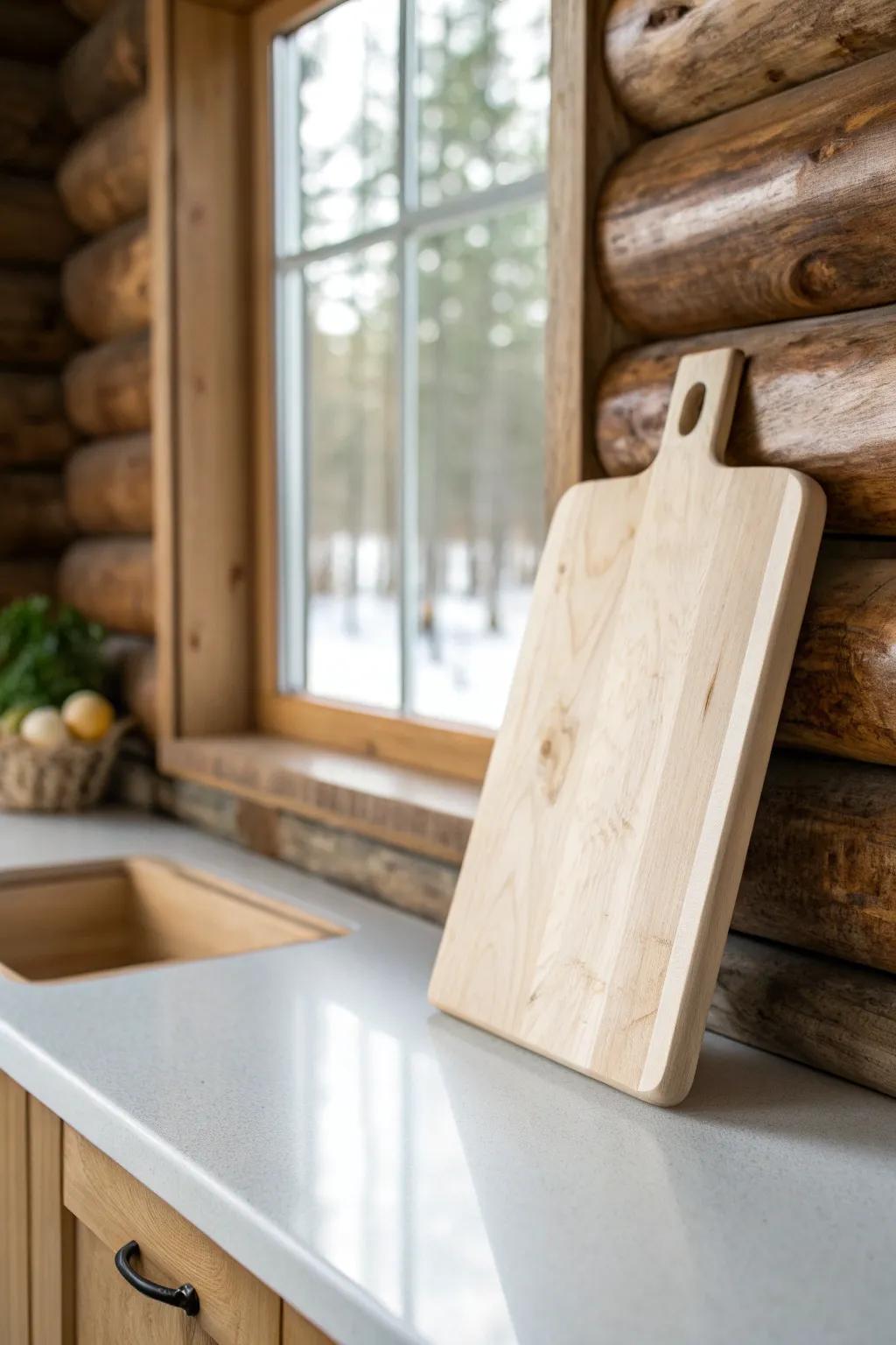 Light maple + white quartz brighten a log cabin kitchen—rustic texture, airy contrast.