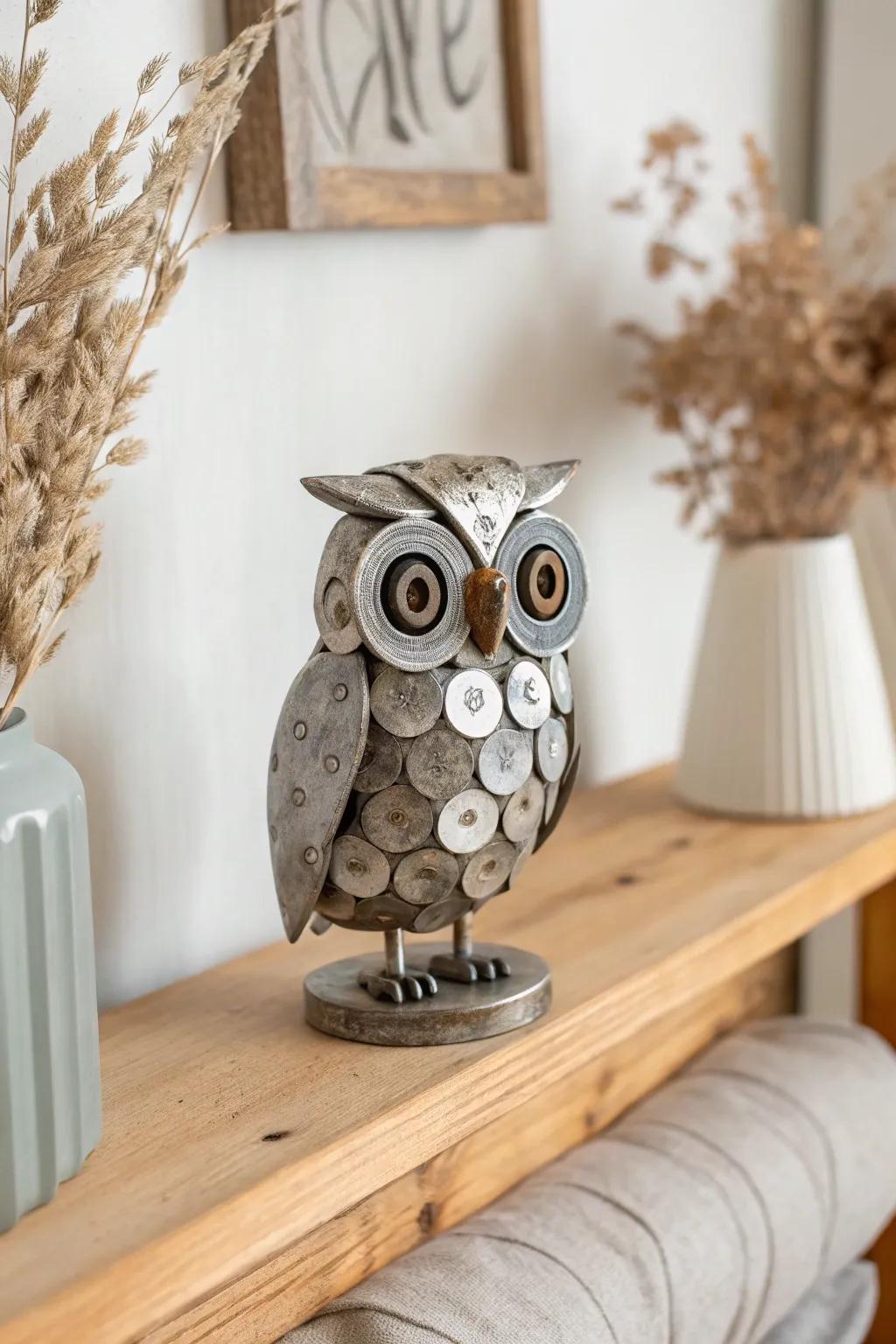 Mini bolt-eyed owl: a tiny metal sculpture that adds character to small shelves and nooks.