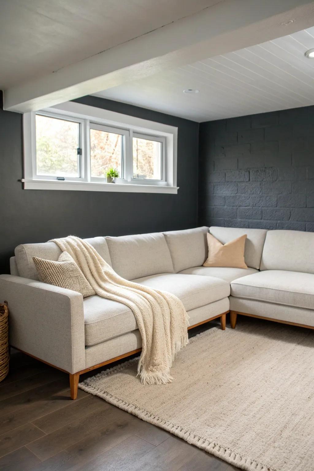 A low-profile L-shaped sectional that turns a small basement corner into a modern lounge zone.