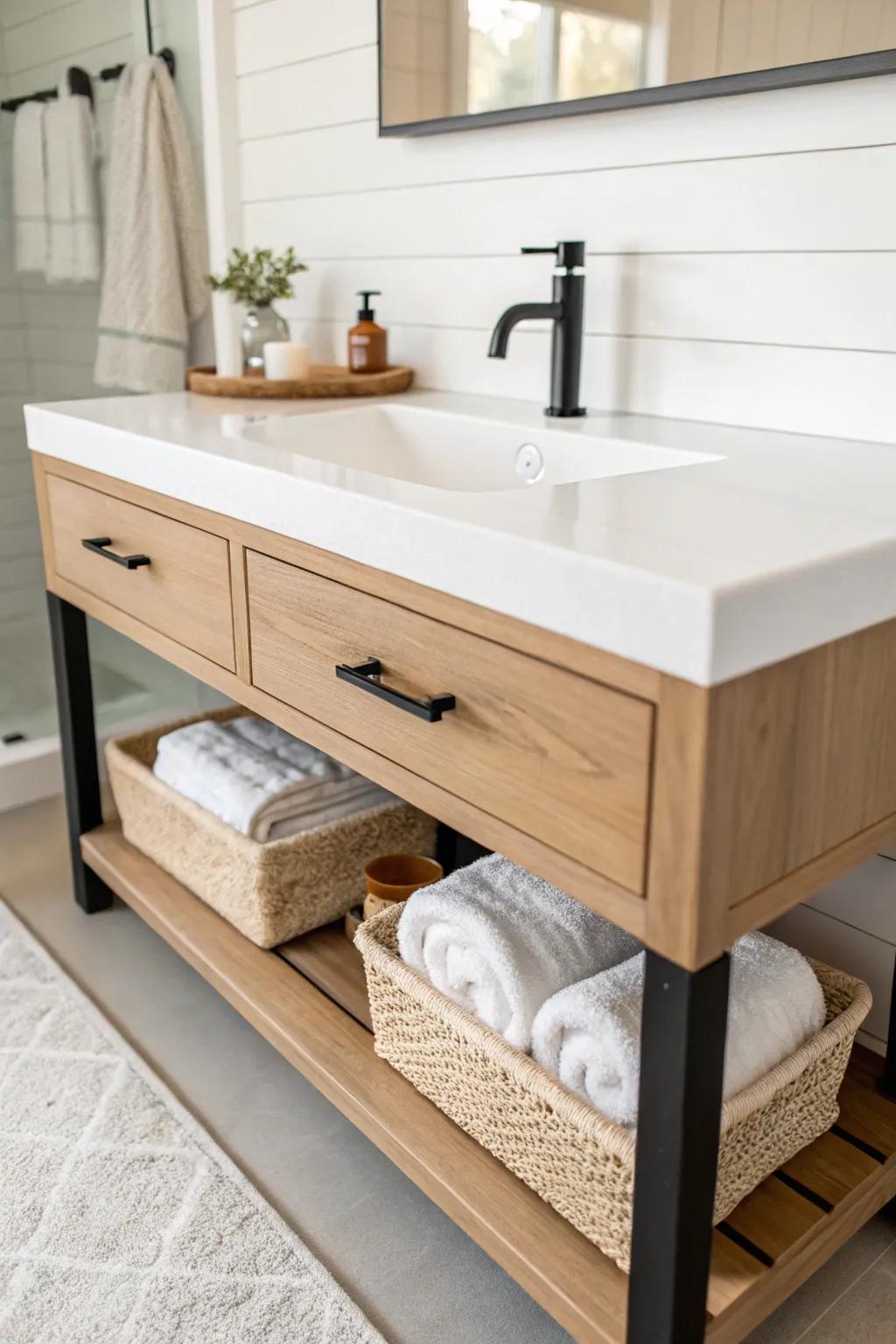 A slim floating vanity keeps the floor visible—instantly making a tiny farmhouse bath feel bigger.