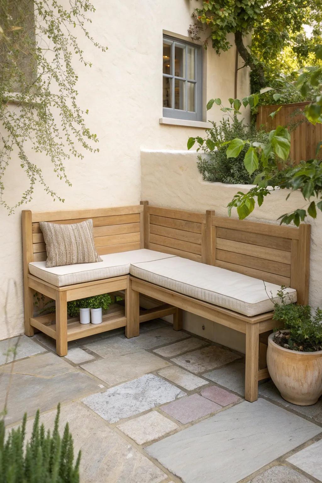 Built-in corner bench with lift-up storage—sleek, cozy seating that saves space in small gardens.