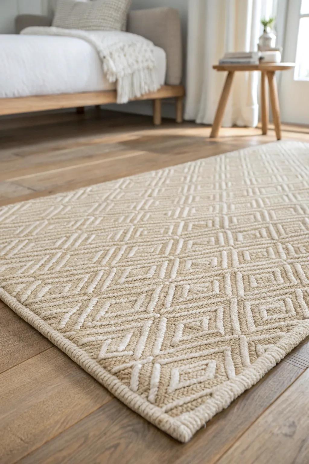 Define cozy zones in a small mother-in-law suite with one gorgeous rug doing the zoning.