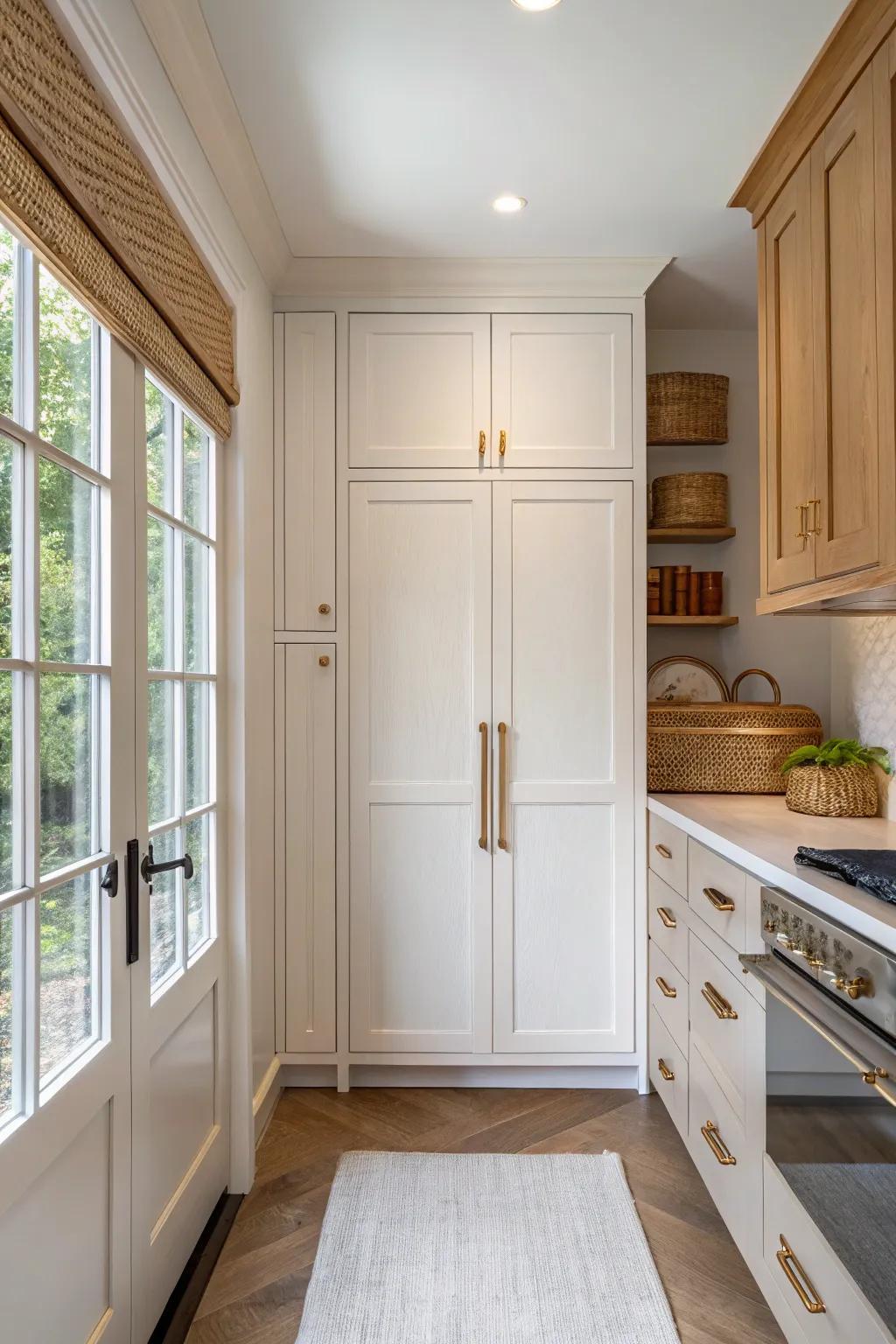 Go ceiling-high with cabinets to stash seldom-used items up top and keep slim kitchens clear.