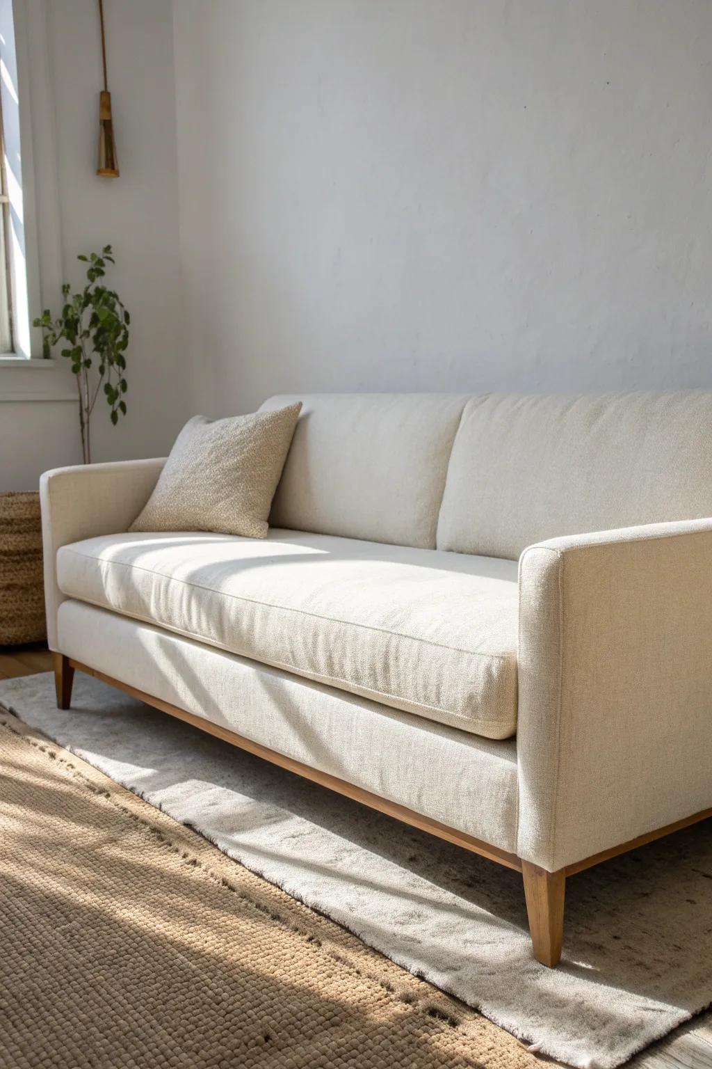 Pull the sofa 2 inches off the wall—tiny gap, big upgrade for a narrow living room.