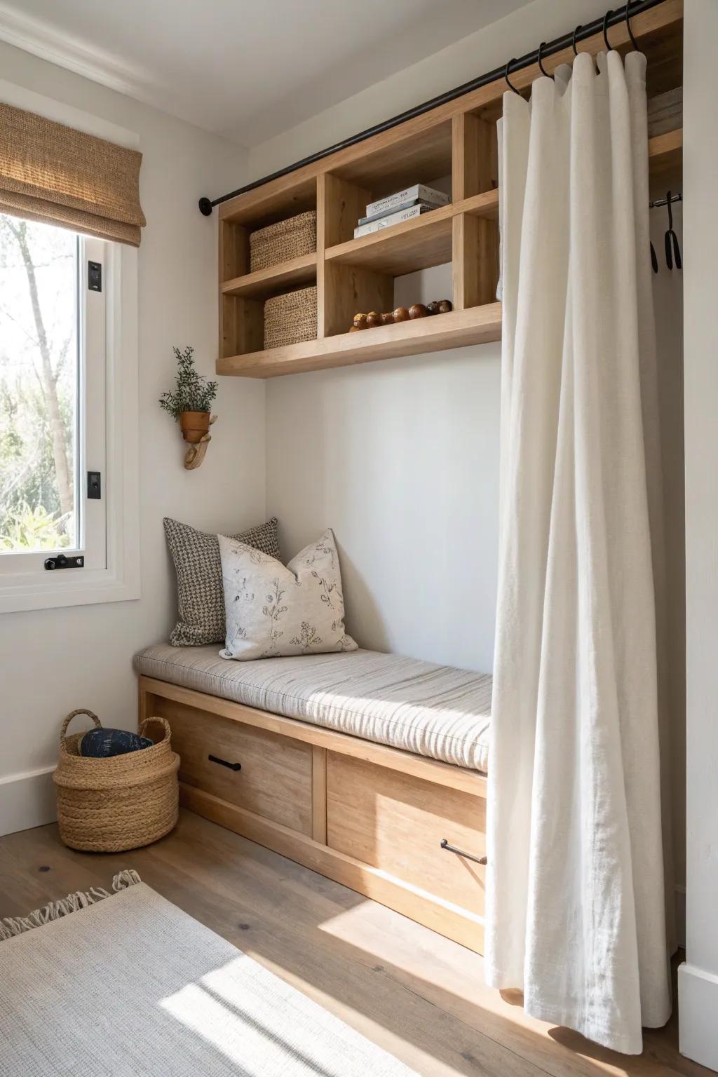 A shallow closet becomes a serene reading nook—bench, shelves, and a soft linen curtain.