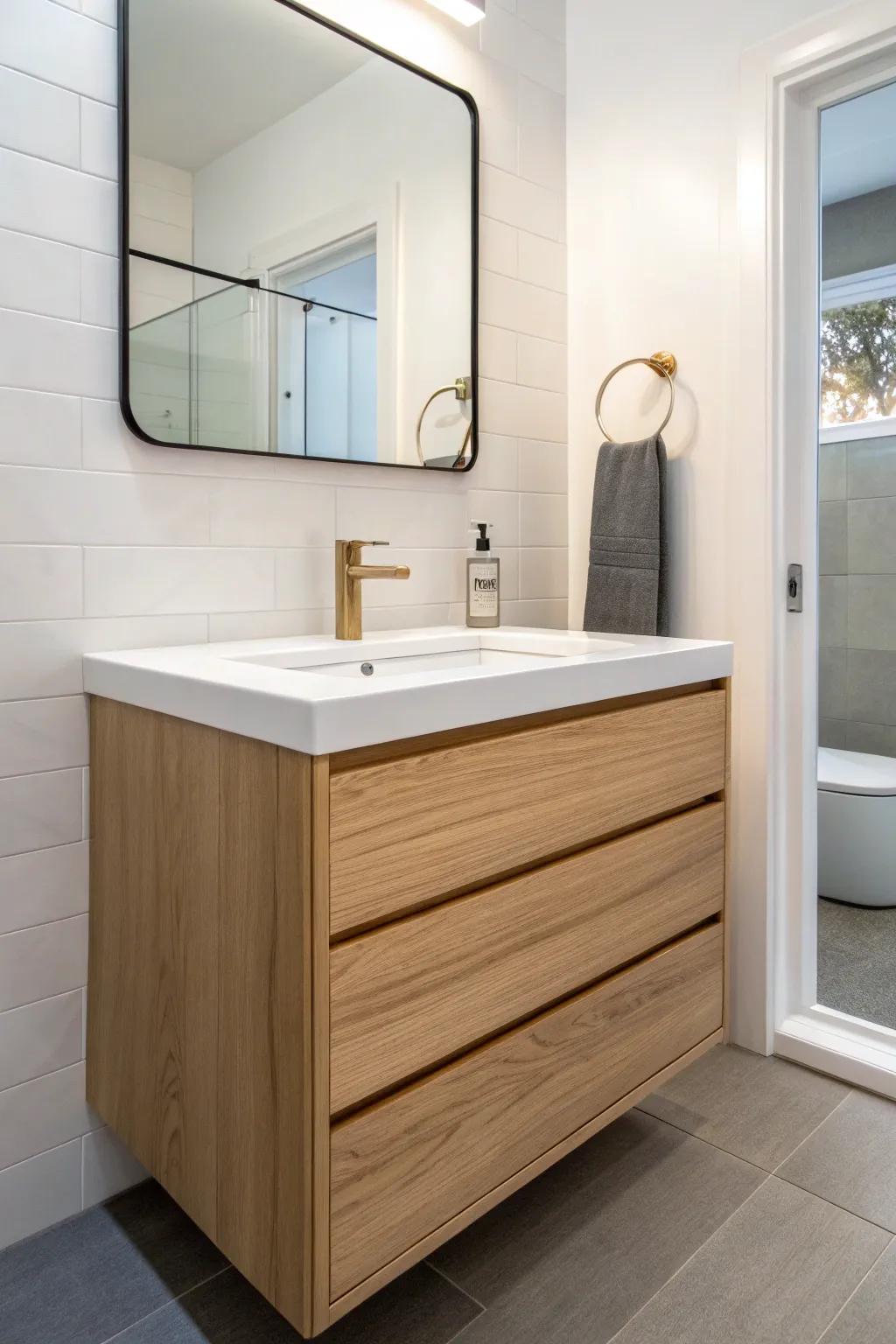 A floating vanity keeps the floor visible—instantly making a tiny NYC bath feel bigger.