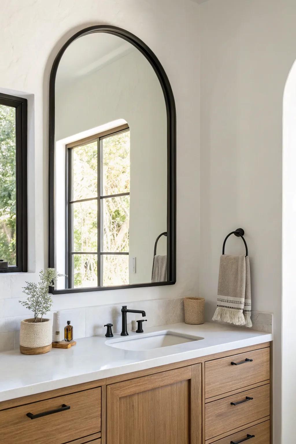 An oversized mirror makes a tiny office bathroom feel twice as bright and wide—instant upgrade.