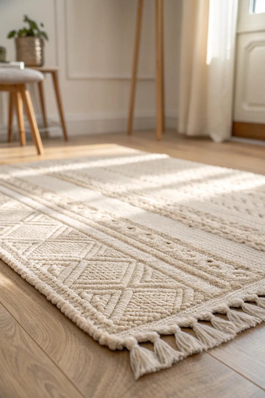 A small low‑pile rug instantly defines your work zone—cozy, minimal, and clutter‑free.
