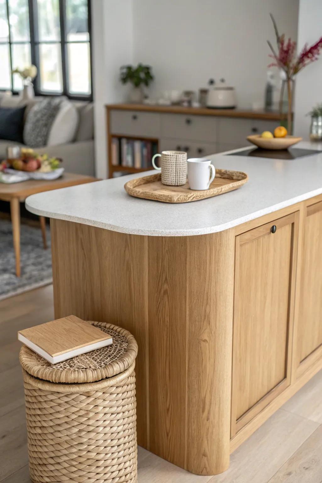 A compact peninsula defines kitchen and lounge—prep space, divider, and casual dining in one.