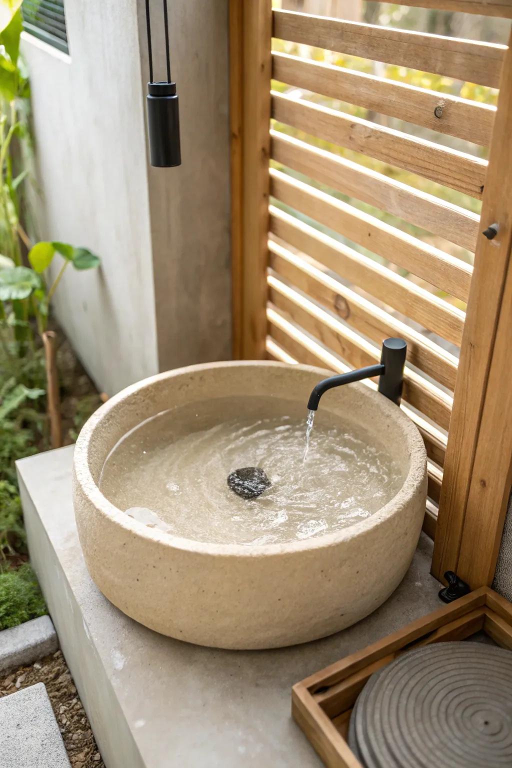 A deep-base outdoor shower that doubles as a quick soak spot—spa vibes in tiny space.