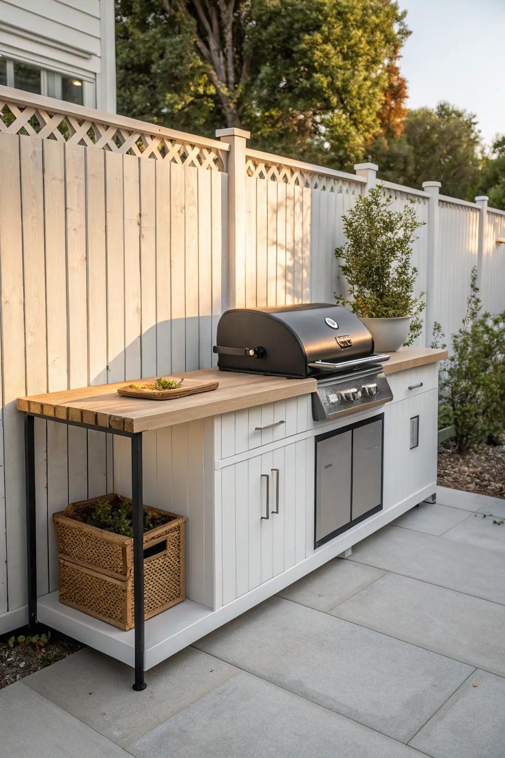 Slim one-wall grill run keeps the patio clear—grill, prep, and landing space in one line.
