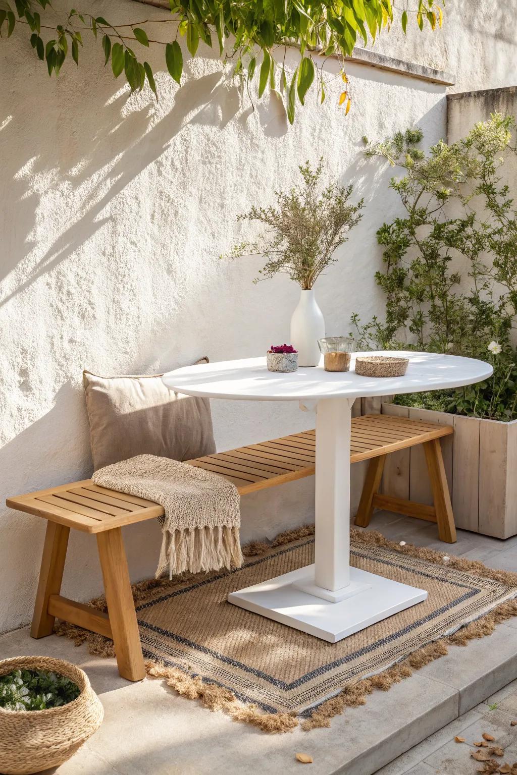 Swap chairs for a slim bench that tucks in neatly—instant breathing room for tiny patios.