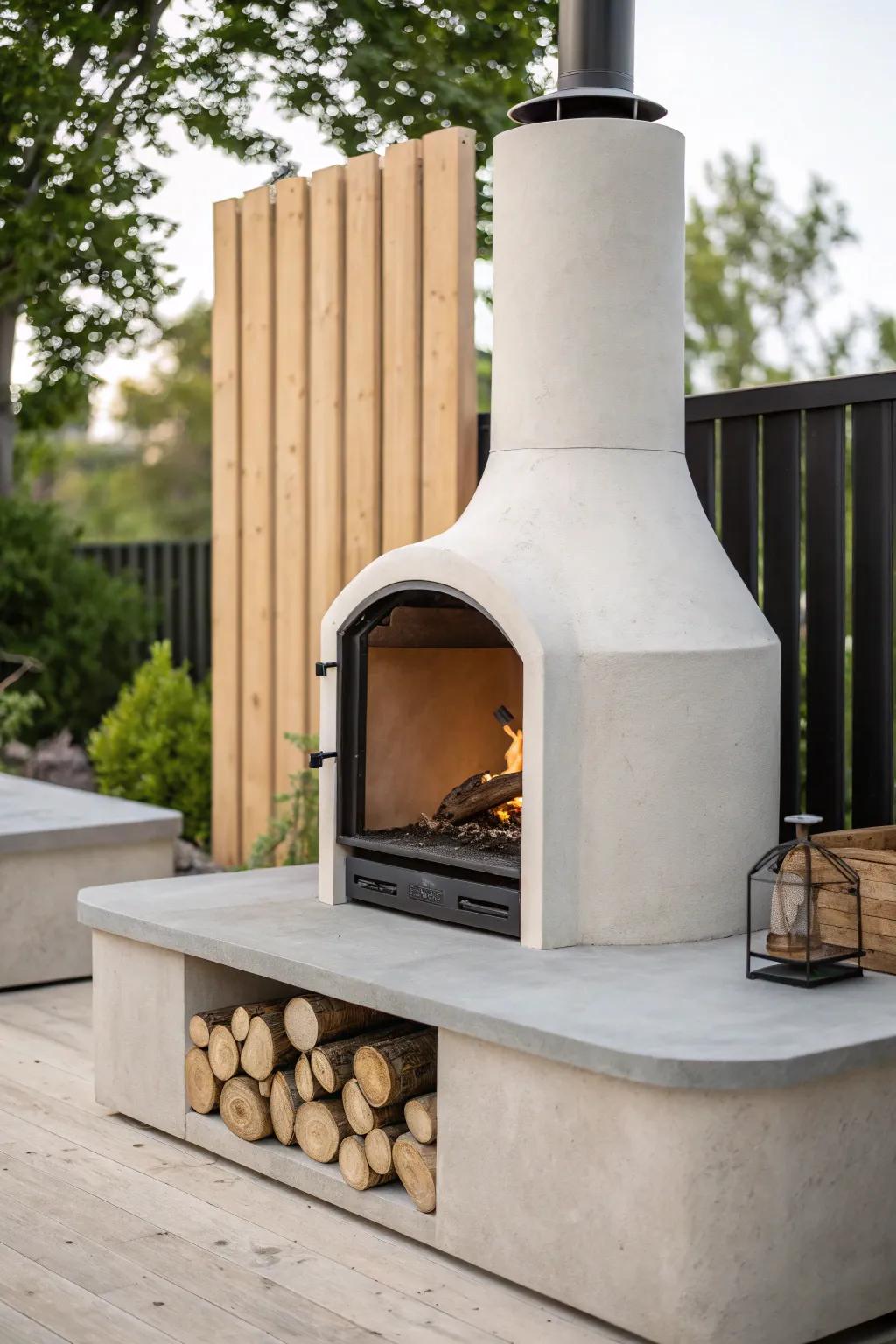 A compact outdoor fireplace with a raised hearth—architectural, cozy, and perch-ready.