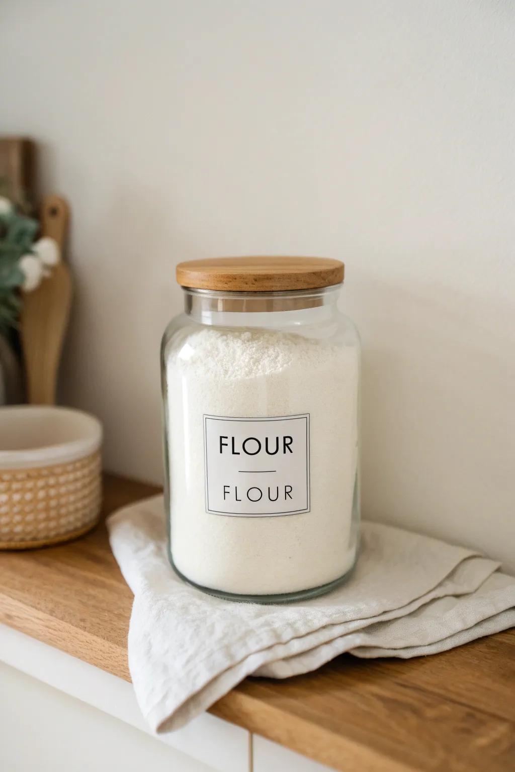 Label the front and lid—big, simple words make pantry grabs effortless in tight spaces.